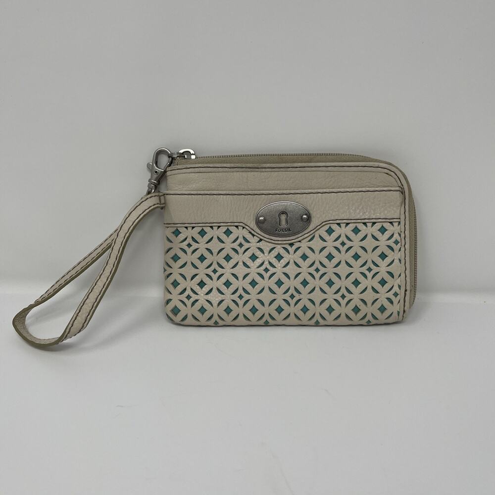Vintage Fossil Wristlet Wallet Coated Leather Beige Turquoise Lattice Design